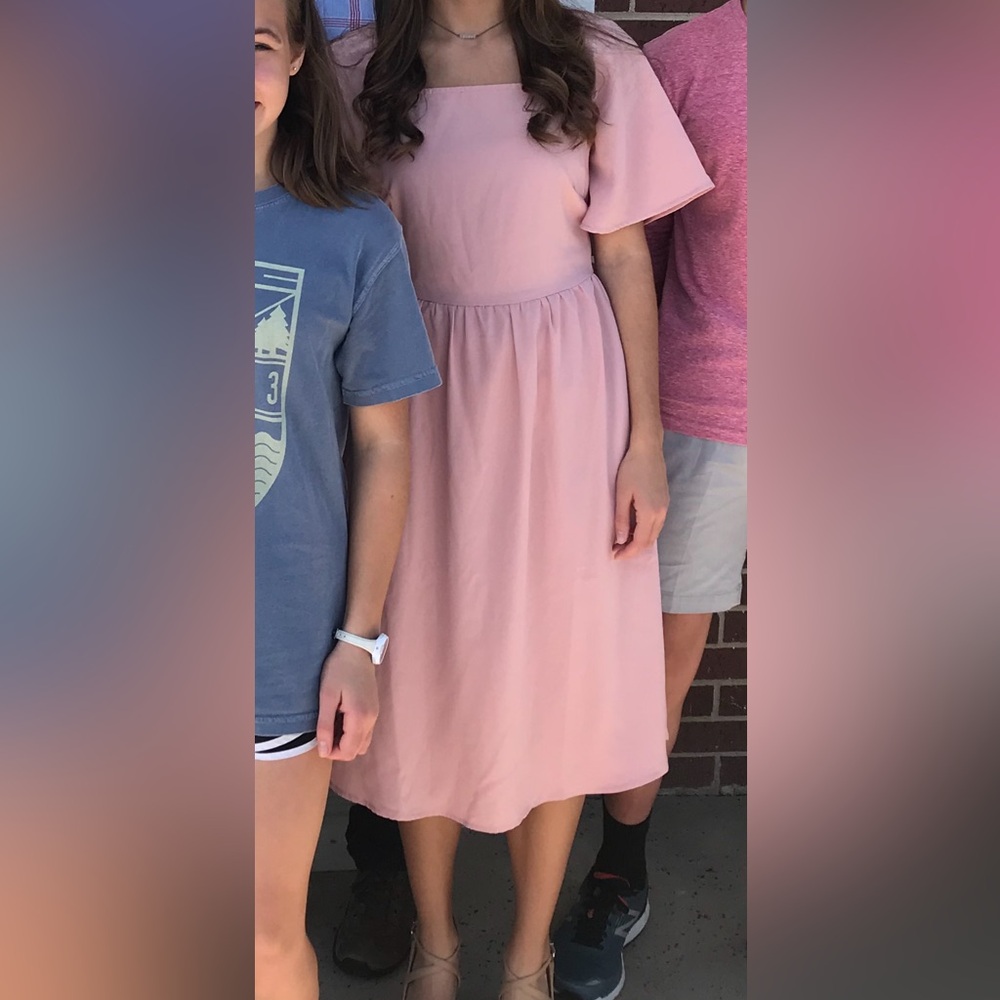 Roolee Pink Midi Dress with Flutter Sleeves